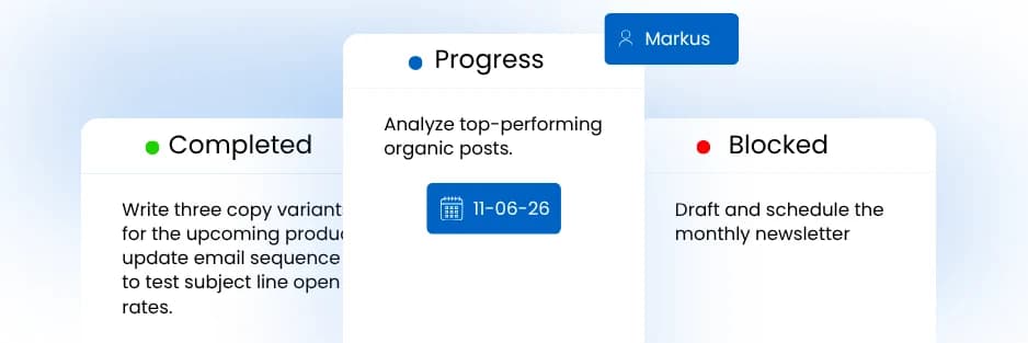 Action item dashboard with owner assignments, completion status indicators, due dates, and cross-meeting tracking cards.