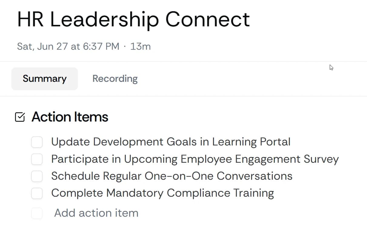 Analytics dashboard with AI-generated insight cards highlighting underperforming meetings, blocked action items, and a remediation checklist.