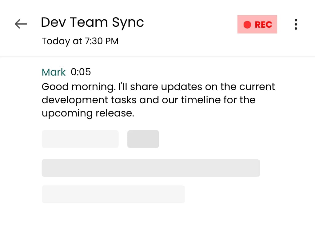 Transcript view with speaker labels, timestamps, and word-for-word conversation text.