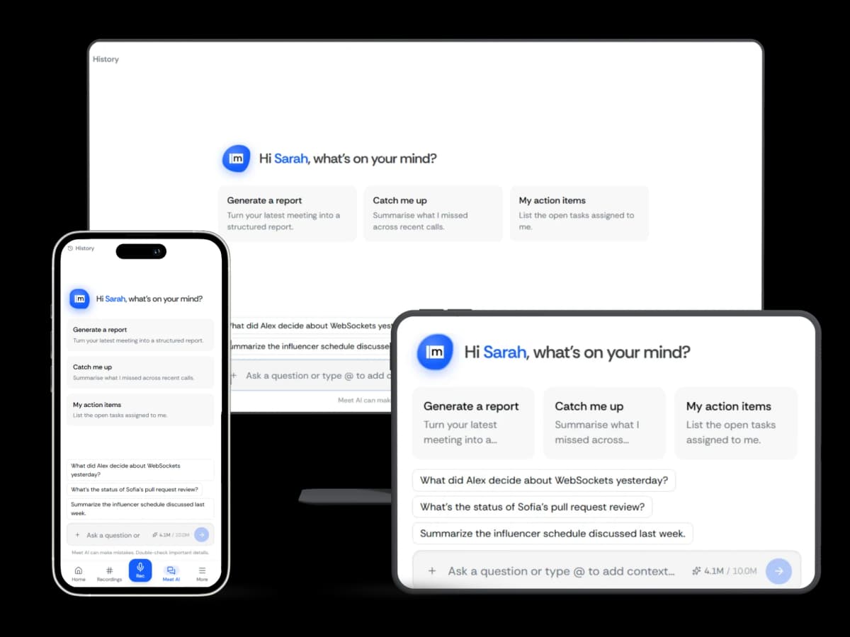 AI chat interface shown on desktop, tablet, and mobile with responsive layouts.