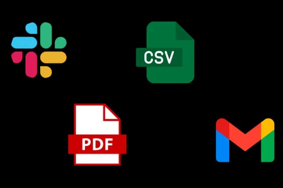 Export panel with PDF and CSV download buttons, Slack and email share icons.