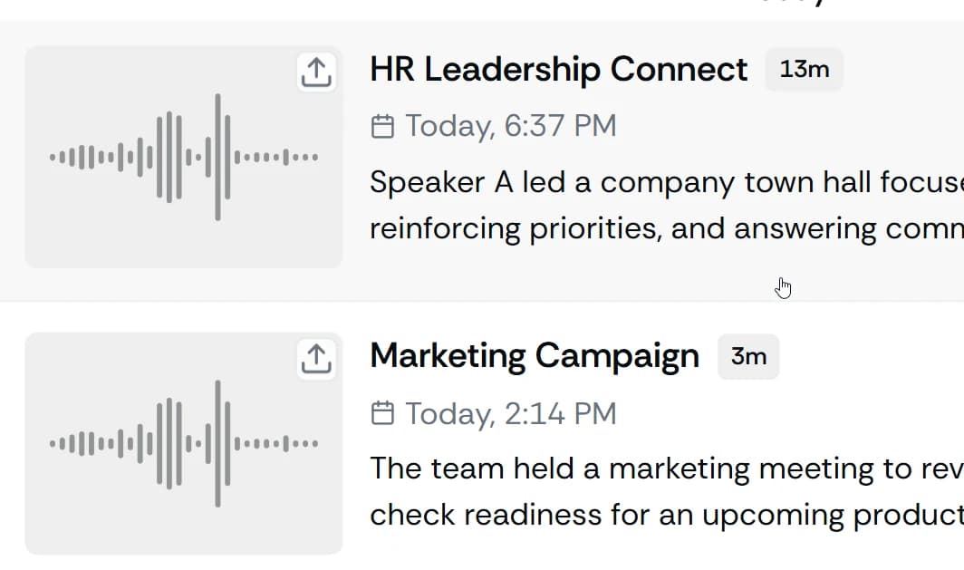 Meeting knowledge base dashboard with indexed meetings, search bar, and cited answer cards.