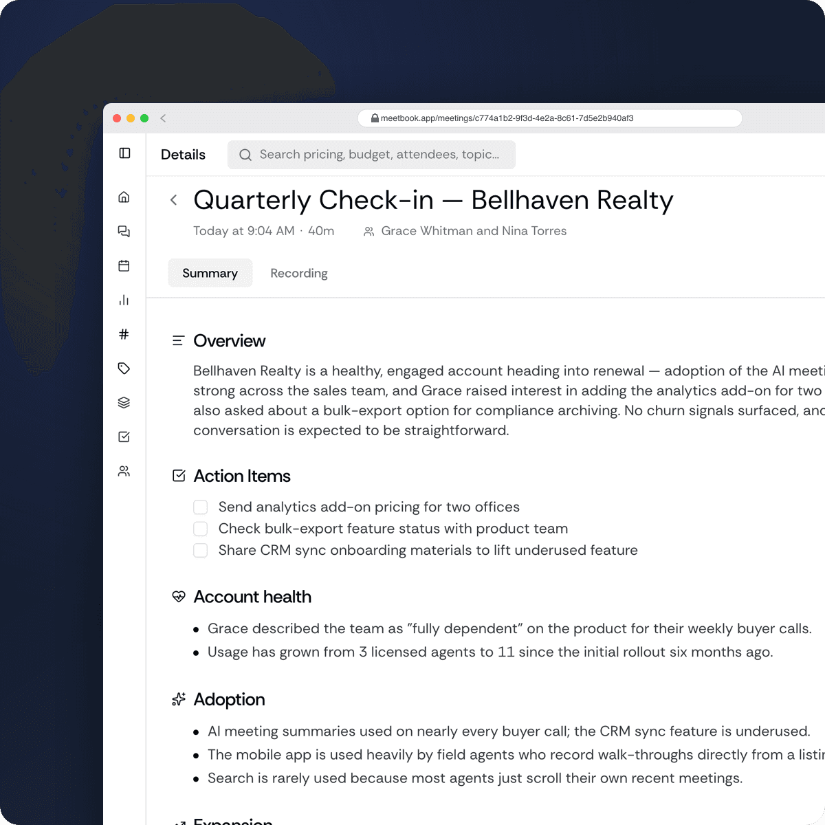 Customer Success report format in Meetbook