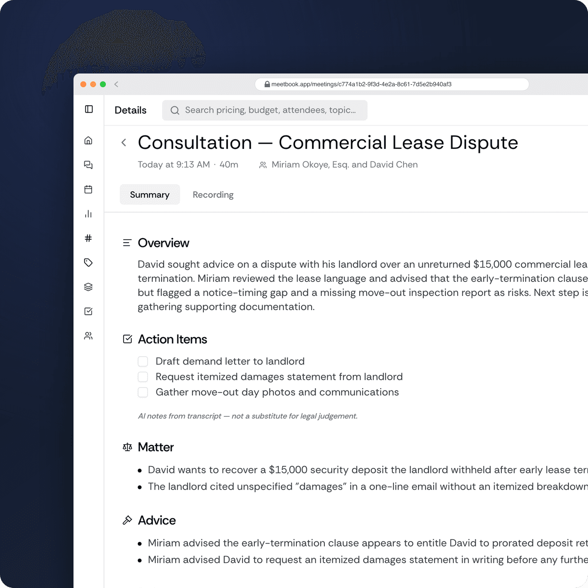 Legal Teams report format in Meetbook