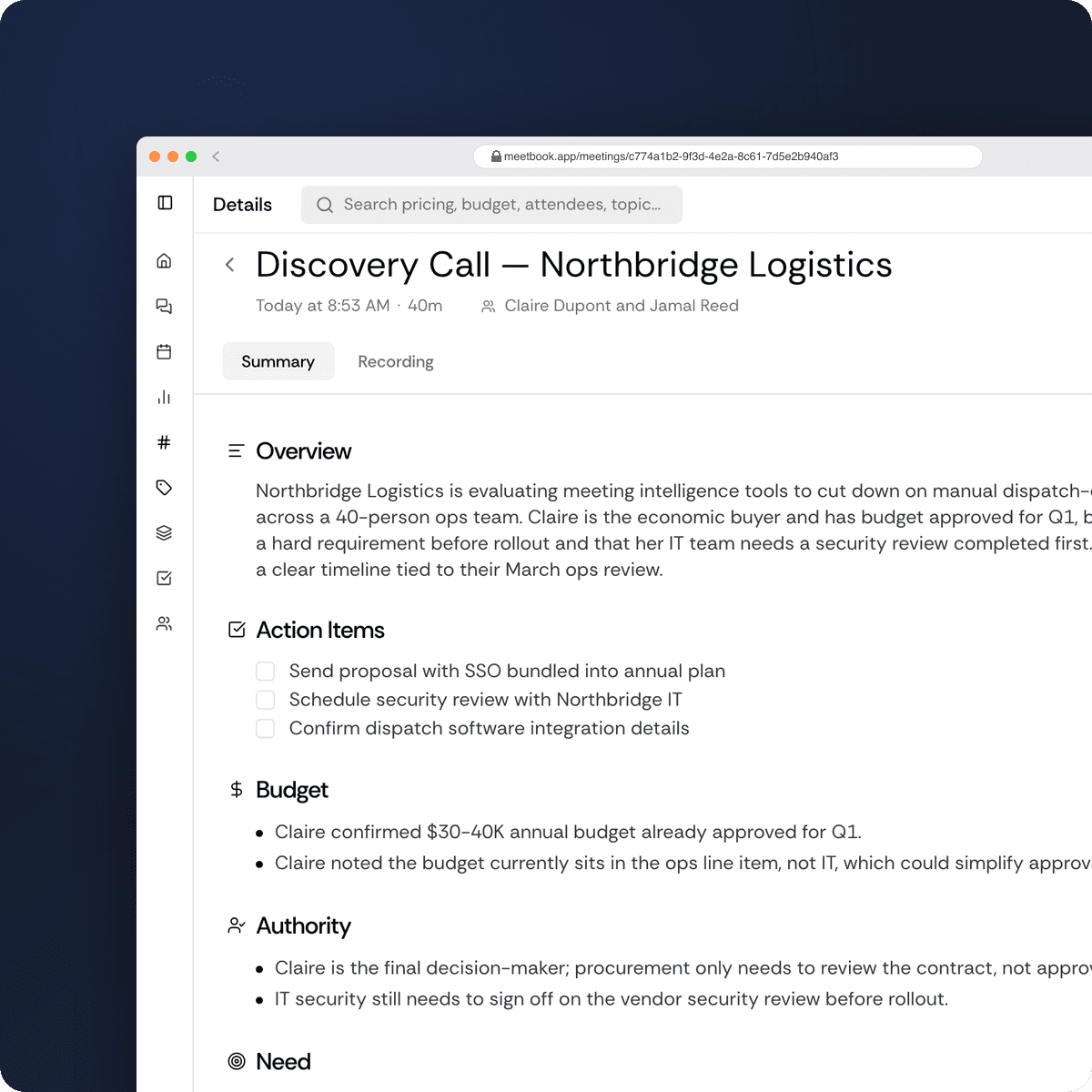 Sales Teams report format in Meetbook
