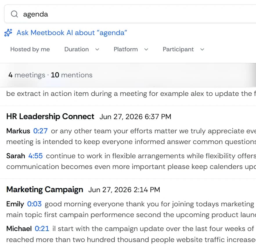 Semantic search bar with AI-understood query and relevant meeting results ranked by meaning.