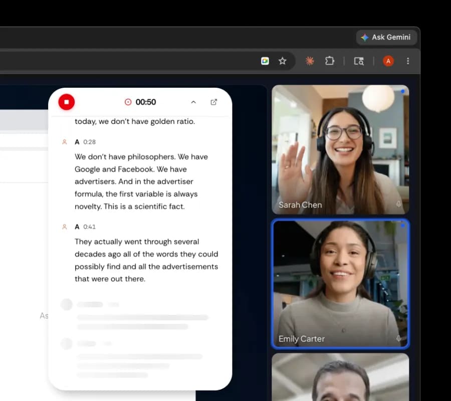 Meetbook browser extension recording panel