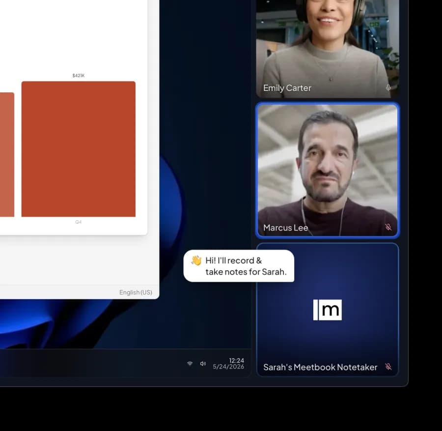 Meetbook AI notetaker recording a video meeting