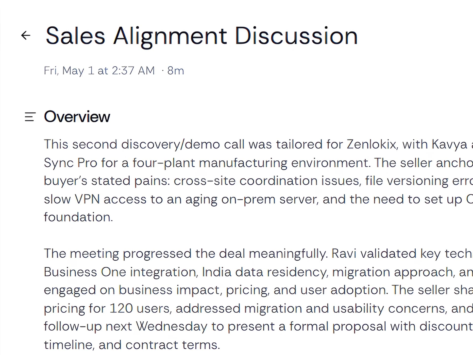 AI-generated meeting summary with BANT/MEDDIC qualification and next steps