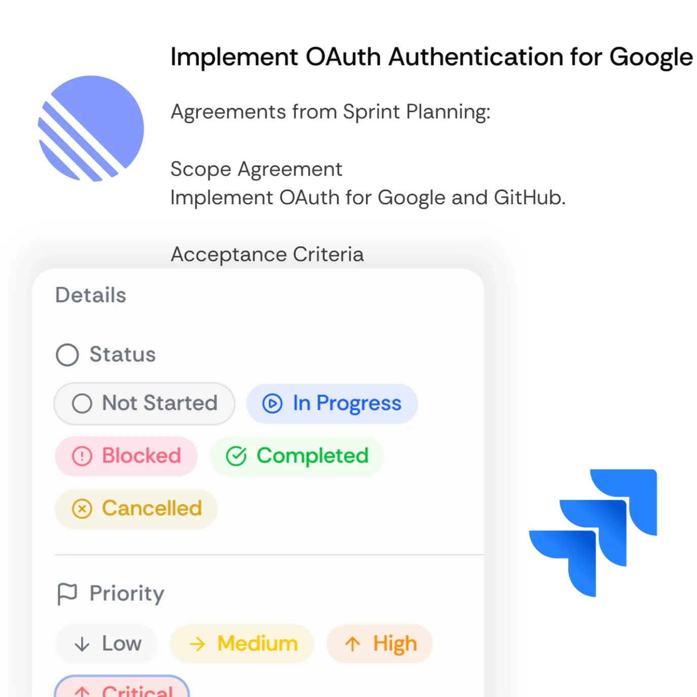 Sprint planning session with Meetbook showing scope decisions, Jira sync, and auto-generated ticket descriptions