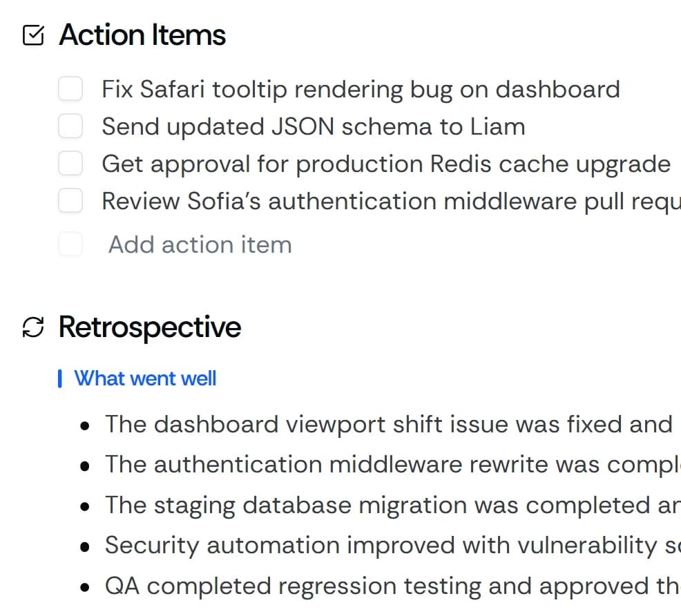 Engineering retro with Meetbook showing action items, feedback themes, and pattern detection across past retros