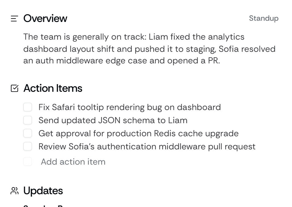 Engineering team stand-up with Meetbook dashboard showing live transcript, blocker tracker, and Slack summary posting