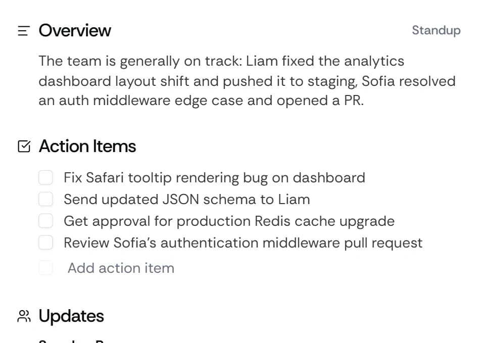 Engineering team stand-up with Meetbook dashboard showing live transcript, blocker tracker, and Slack summary posting