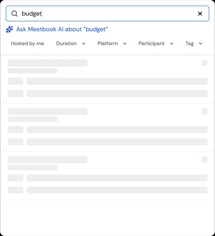 Search results pulling matching moments from several past meetings