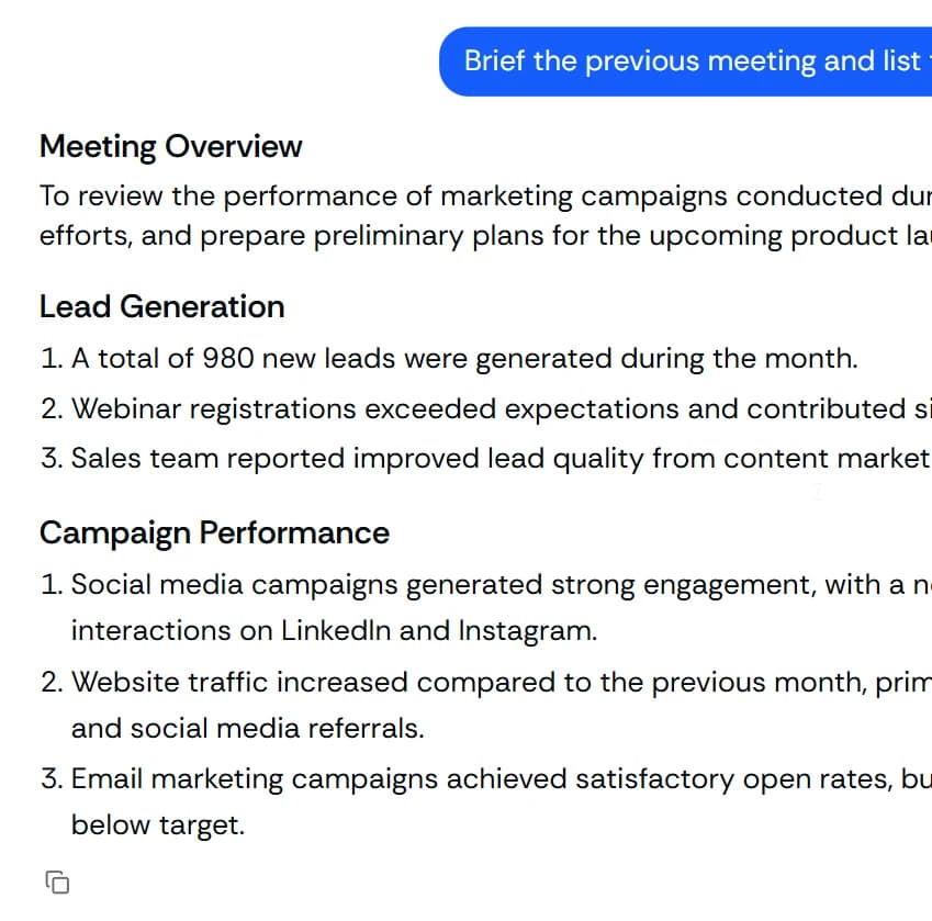 Marketing team reviewing an AI-generated campaign brief on Meetbook with task sync confirmation to Asana visible
