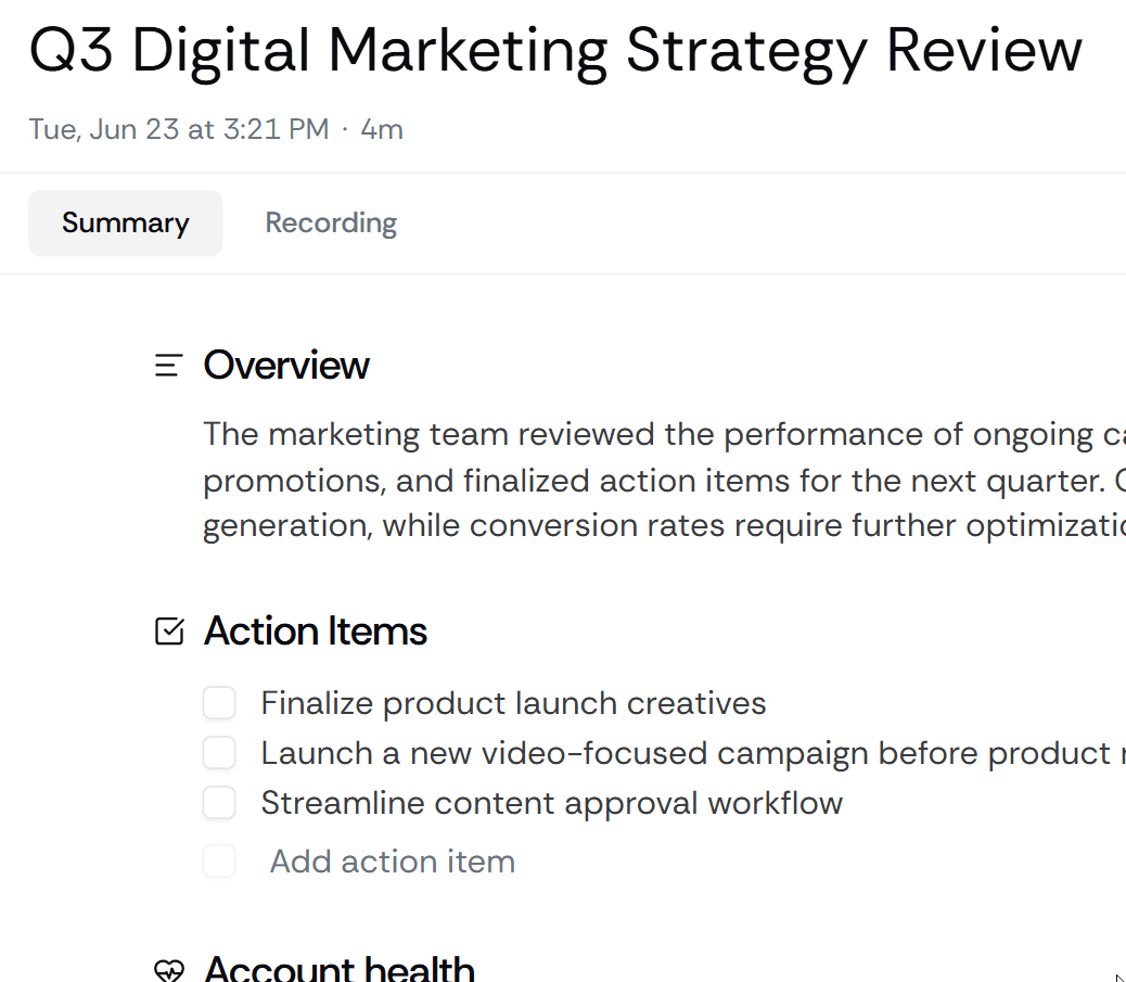 Marketing team reviewing a pre-call brief with past campaign context and customer insights before a strategy session