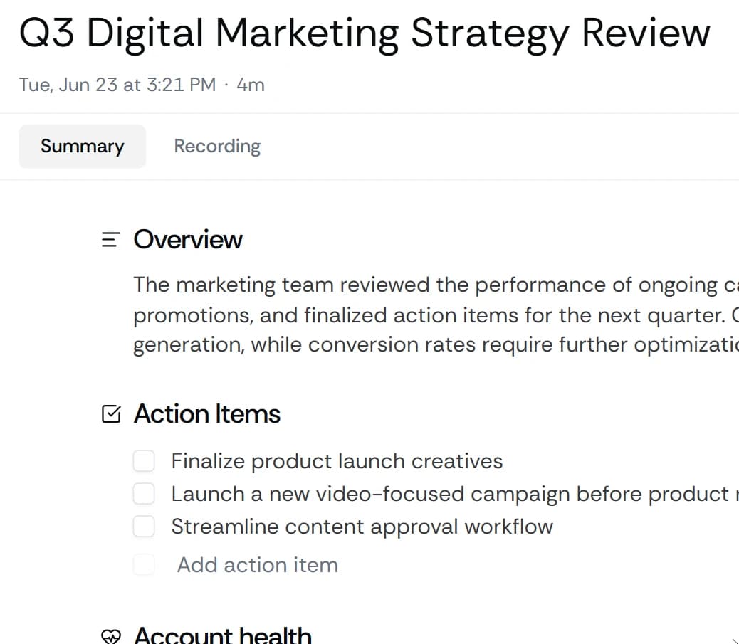 Marketing team reviewing a pre-call brief with past campaign context and customer insights before a strategy session