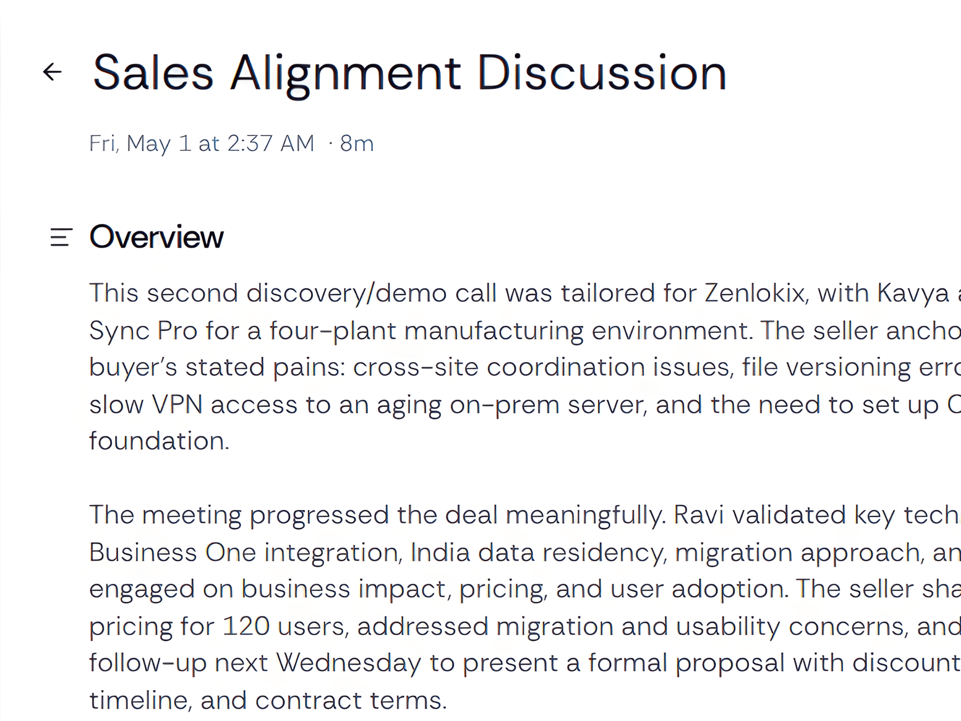 AI-generated meeting summary with BANT/MEDDIC qualification and next steps