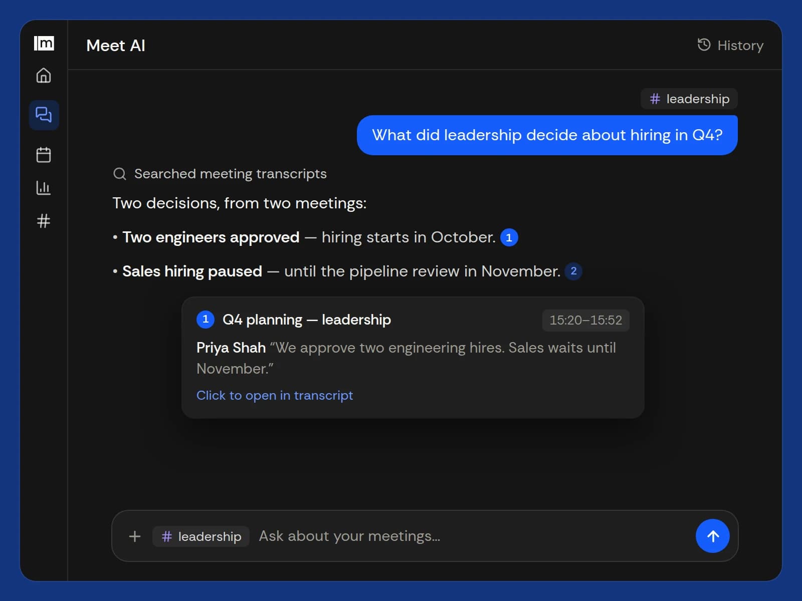 Meet AI answering a leadership question, scoped to a channel, with citations