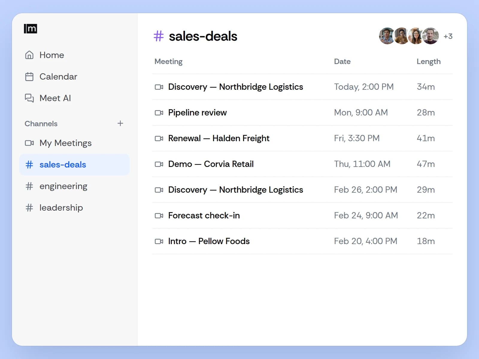 Channels list with Sales, Engineering and Leadership, each with members