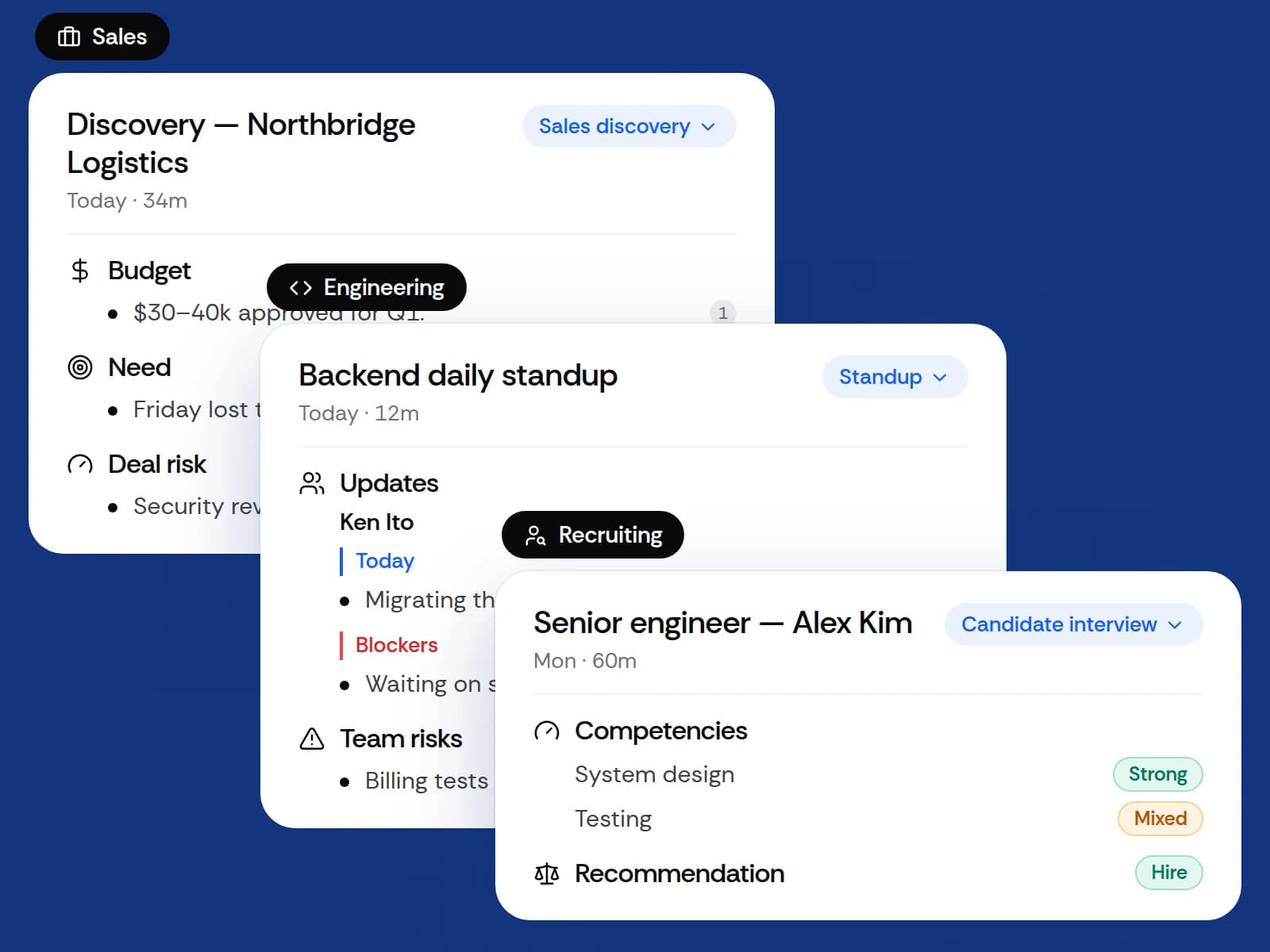 One meeting written up in three teams’ formats: Sales discovery, Standup and Candidate interview