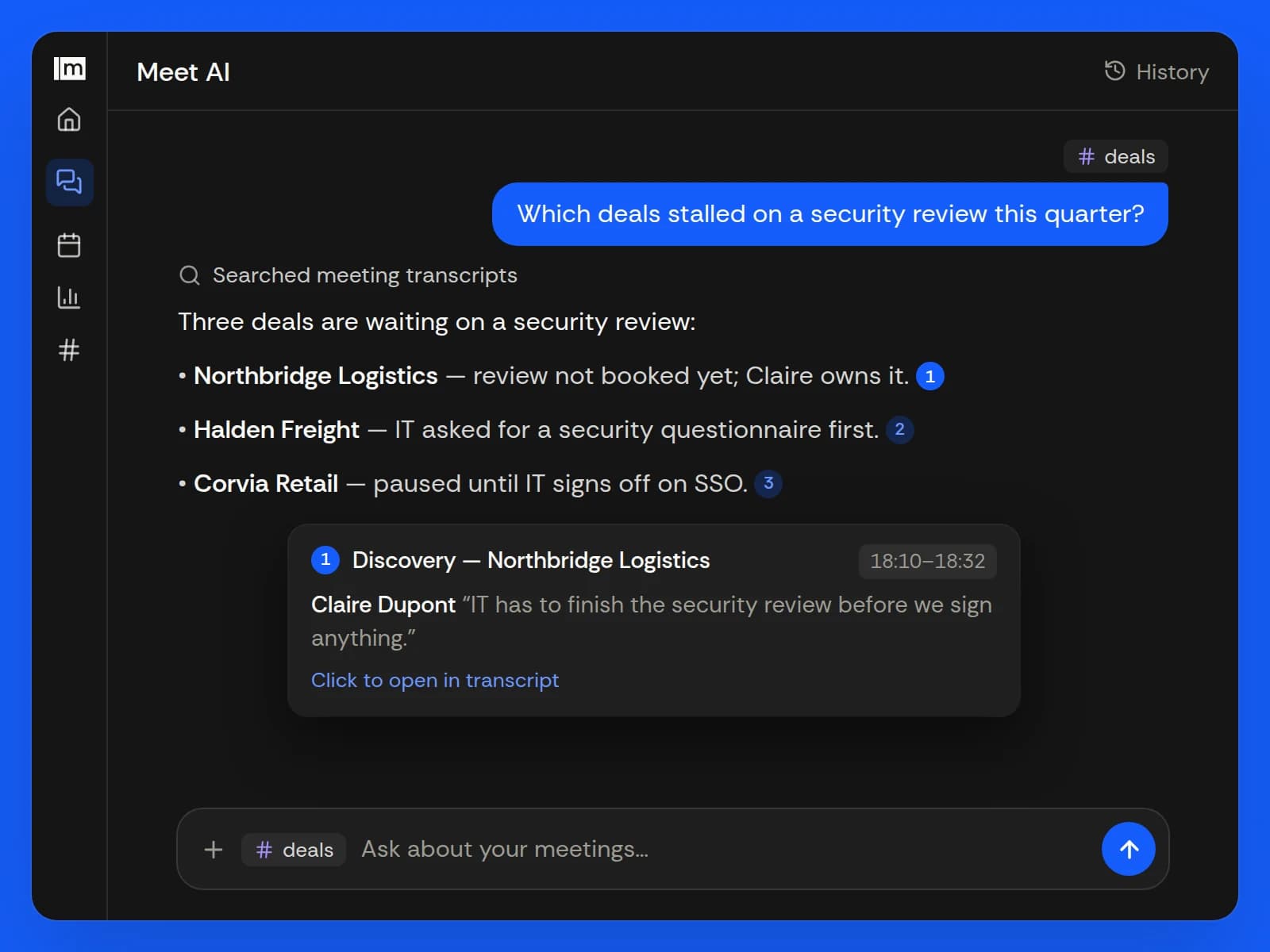 Meet AI answering which deals stalled on a security review, with citations