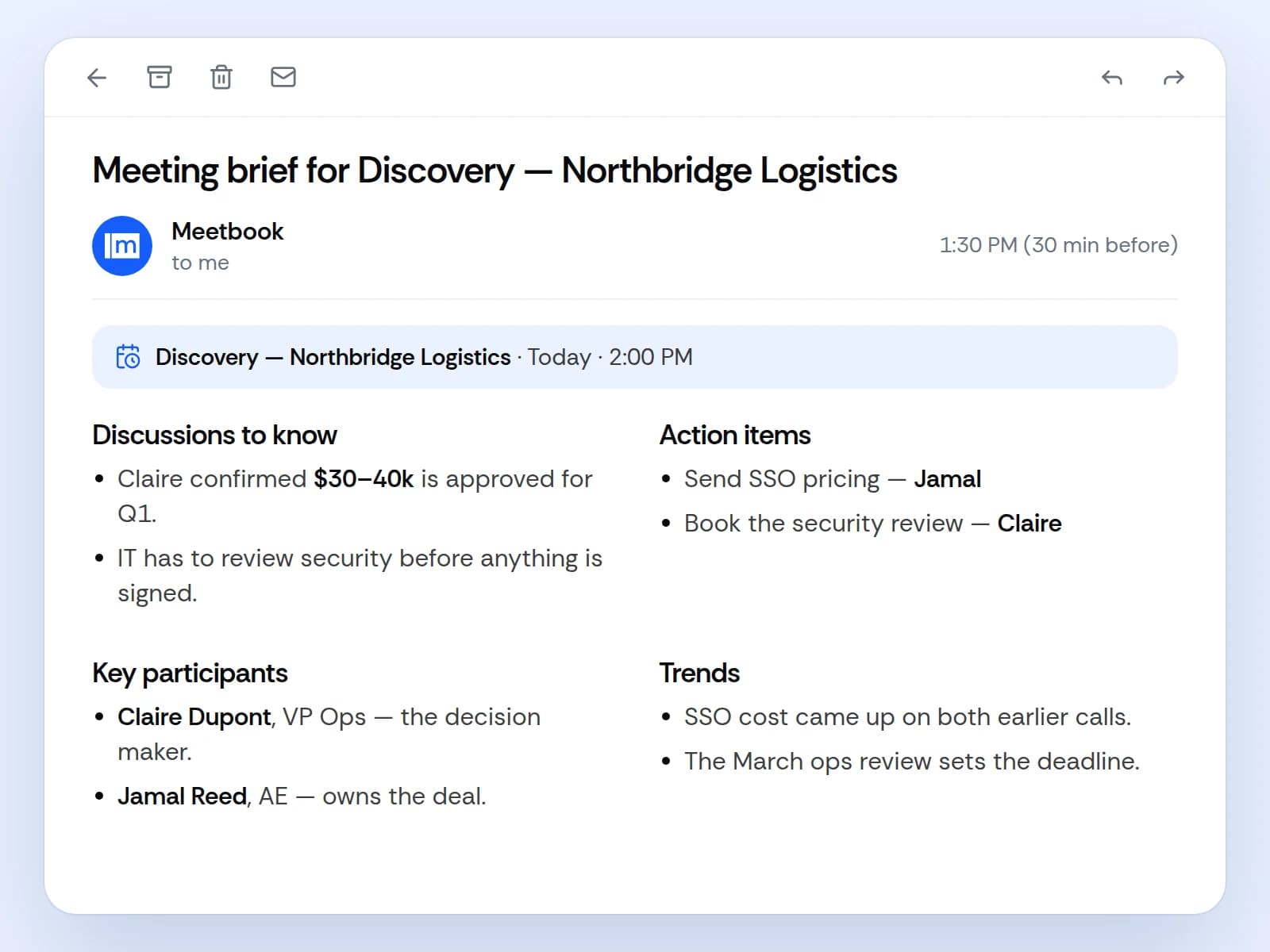 A pre-meeting brief email for the Northbridge Logistics call