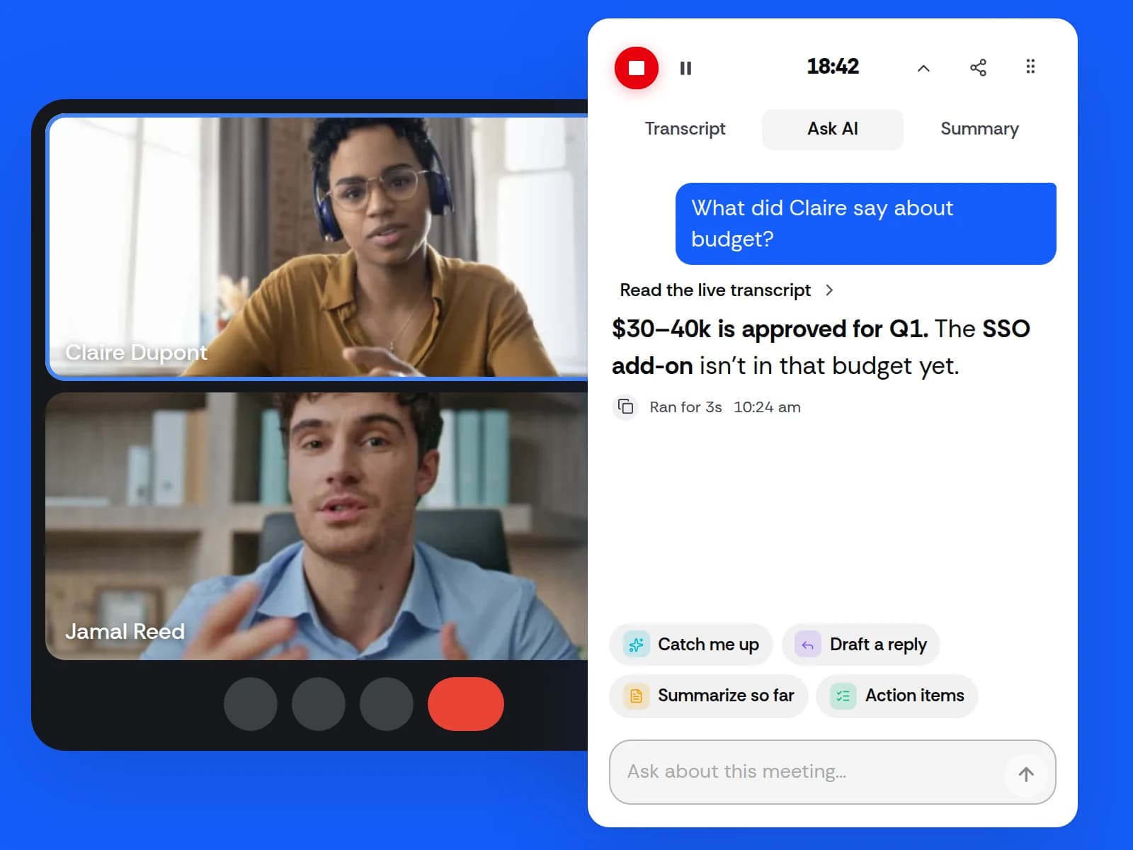 The Meetbook Chrome extension panel beside a sales call, answering a question mid-call