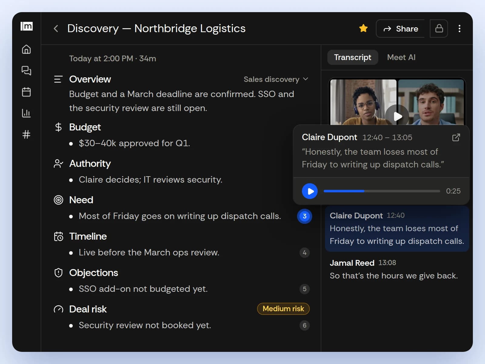 The Sales discovery report with an evidence card open on one point